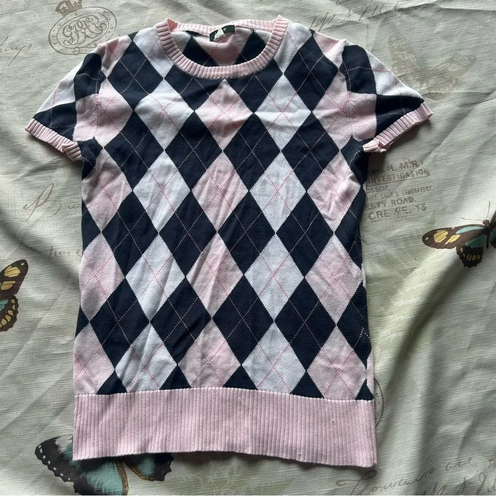 J. Crew Pink and Black Argyle preppy short sleeve‎ shirt